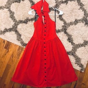 Bebe red fit & flare halter dress black heart buttons pinup girl clothing inspo